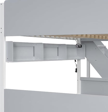 Wood Bunk Bed Full XL Over Queen with Staircase and Side Shelves | Light Strip Included, Striped-Design Stairs, Kids Teens Adults, Space-Saving Design, Versatile Bed Frame