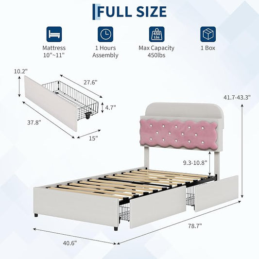 Garvee Twin Bed Frame with Cookie Sandwich Headboard, Beige Pink Bed for Girls, Storage with Cubbies Headboard & 2 Drawers, No Box Spring, Easy Assembly