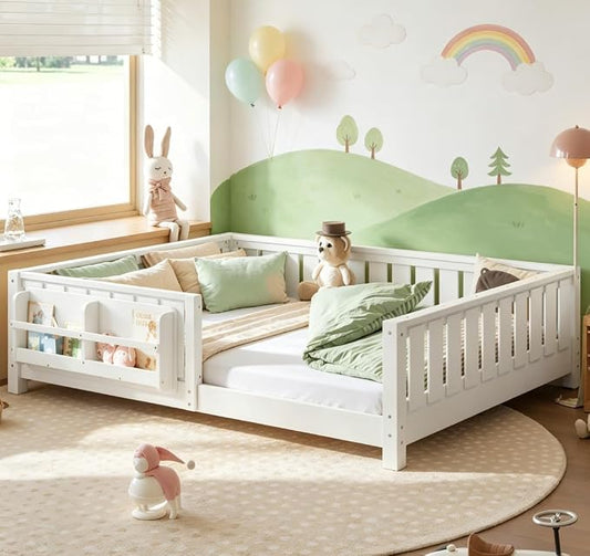 Bellemave Full Floor Bed with high Rails and with Built-in Bookshelf for Kids, Girls, Boys, Wood Montessori Floor Bed Without Door, White