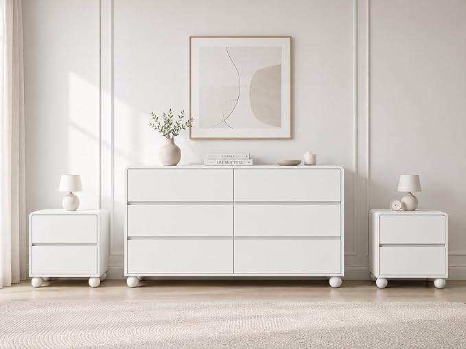 Furniway 3 Piece Bedroom Set, 6 Drawer Dresser and 2 Drawer Nightstand Set of 2 with Round Legs, Modern Wood Chest of Drawers Storage Cabinet for Bedroom, White