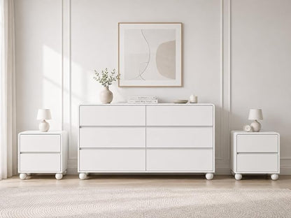 Furniway 3 Piece Bedroom Set, 6 Drawer Dresser and 2 Drawer Nightstand Set of 2 with Round Legs, Modern Wood Chest of Drawers Storage Cabinet for Bedroom, White