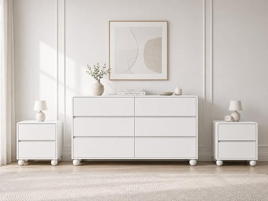 Furniway 3 Piece Bedroom Set, 6 Drawer Dresser and 2 Drawer Nightstand Set of 2 with Round Legs, Modern Wood Chest of Drawers Storage Cabinet for Bedroom, White
