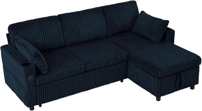 84" Corduroy Pull Out Sofa Bed w/Adjustable Backrests, Sectional L-Shape Sleeper Sofa w/Storage Chaise, Convertible Couch Bed w/USB Charging Port & Cup Holders for Living Room, House, Blue