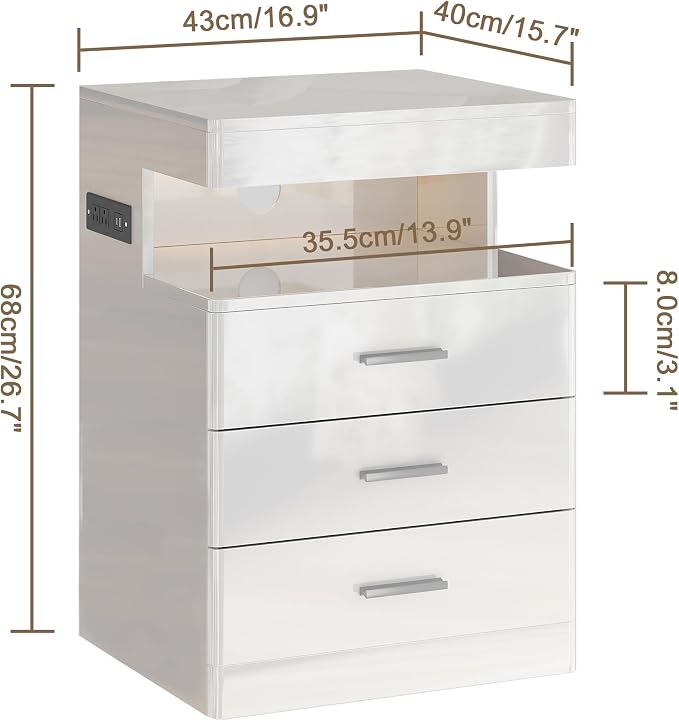 Treocho Led Nightstand with Hidden Space, Modern Night Stand with Charging Station, 3 Drawer Smart Nightstand with Glossy Finish, Tall Bedside Table with RGB Lights for Bedroom, White