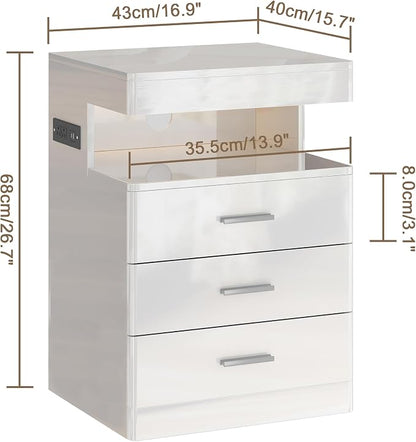 Treocho Led Nightstand with Hidden Space, Modern Night Stand with Charging Station, 3 Drawer Smart Nightstand with Glossy Finish, Tall Bedside Table with RGB Lights for Bedroom, White