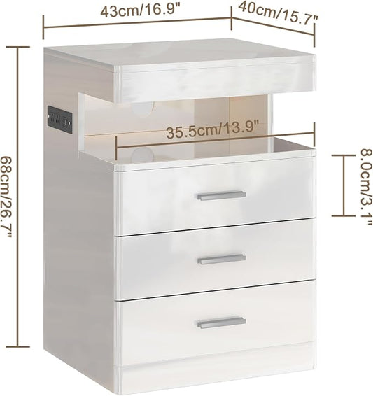 Treocho Led Nightstand with Hidden Space, Modern Night Stand with Charging Station, 3 Drawer Smart Nightstand with Glossy Finish, Tall Bedside Table with RGB Lights for Bedroom, White
