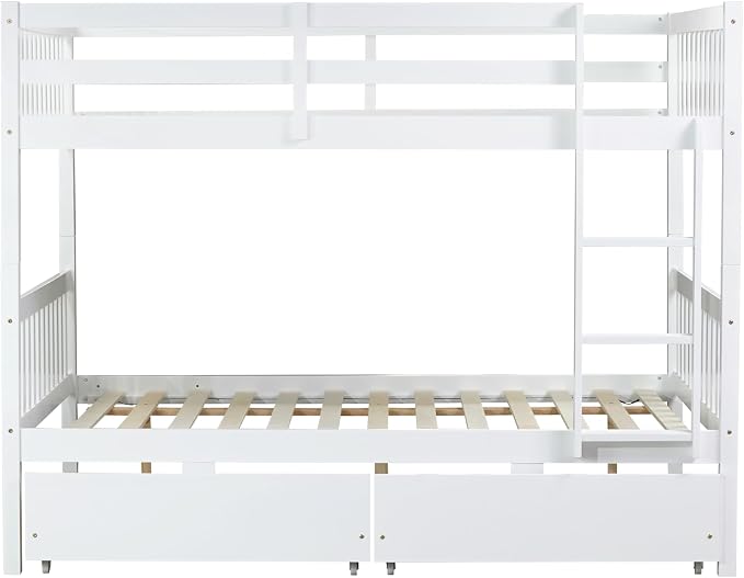 Full Over Full Bunk Bed with Storage Drawers,Convertible Bunk Beds with Ladder & Safety Guardrails,Full Size Bunk Beds for Kids Girls Boys,White