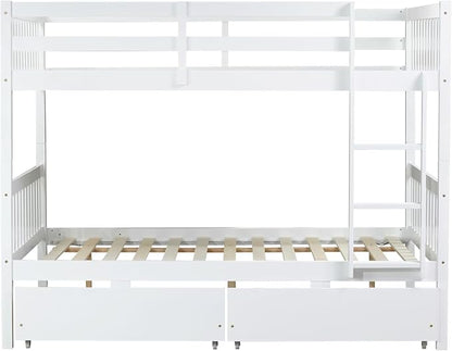 Full Over Full Bunk Bed with Storage Drawers,Convertible Bunk Beds with Ladder & Safety Guardrails,Full Size Bunk Beds for Kids Girls Boys,White