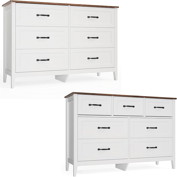 Gizoon Dresser for Bedroom Set of 2, Include 6 Drawer Dresser & 7 Chest of Drawers, White Finish with Rustic Wood Top, with Metal Pull Handles, Anti-Tip Design, Modern Bedroom Furniture Set