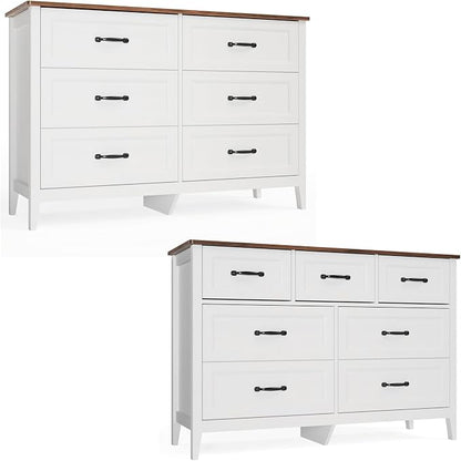 Gizoon Dresser for Bedroom Set of 2, Include 6 Drawer Dresser & 7 Chest of Drawers, White Finish with Rustic Wood Top, with Metal Pull Handles, Anti-Tip Design, Modern Bedroom Furniture Set
