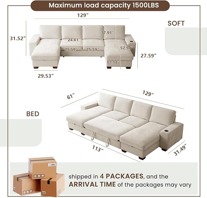 129" Convertible Sleeper Sofa Bed,L Shaped with Storage Chaise Pull Out Couch for Living Room,USB and Type-C,Removable Washable Chenille Covers (Beige)