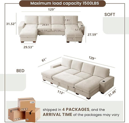 129" Convertible Sleeper Sofa Bed,L Shaped with Storage Chaise Pull Out Couch for Living Room,USB and Type-C,Removable Washable Chenille Covers (Beige)