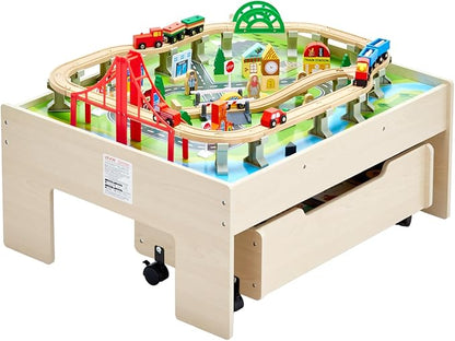 VEVOR Train Table, 100 Multicolor Pieces Wooden Kids Activity Table with Rolling Storage Drawer, 3-in-1 Wooden Train Set for Gaming, Drawing, Reading, Eating, Creative Toy Set for Kids Ages 3+