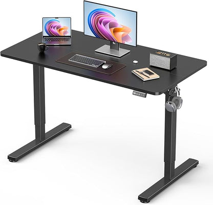 44" Electric Standing Desk Adjustable Height, Sit Stand up Desk for Home Office & Computer Workstation, 2 Memory Height Settings, Splice Board, 2 Hooks, Black Frame/Black Top