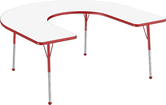 FDP Dry-Erase Horseshoe Activity School and Office Table (60 x 66 inch), Standard Legs with Ball Glides for Collaborative Spaces, Adjustable Height 19-30 inches - Whiteboard Top, Red Edge and Legs