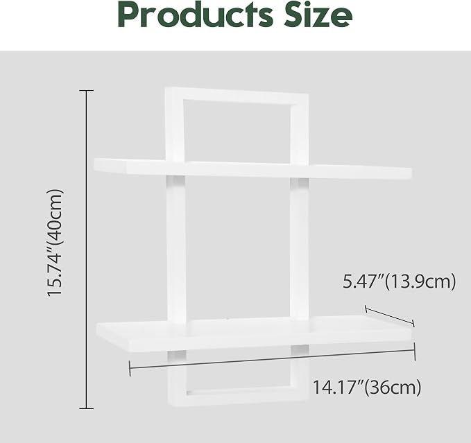 PHOENANCEE Floating Shelves for Wall,Display Hanging Shelf Set of 2,Modern Decorative Plants Shelves,Wood Home Decor Storage Chic for Living Room Bedroom Bathroom Office,Oak Frame,2-Tier,White