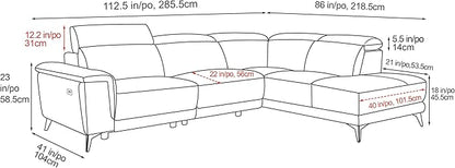 Valencia Pista Geniune Leather Reclining Sectional Sofa with Right Hand Chaise -| Power Recliner Chair, Nappa 11000 Leather | L Shaped Couch for Living Room Furniture, Cloudy Grey