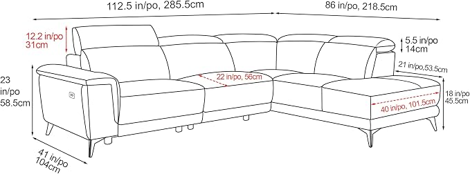 Valencia Pista Leather Reclining Sectional Sofa with Right Hand Chaise - Italian Nappa 11000 Top Grain Leather Couch - Power Reclining Seat with Leggett Adjustable Headrests - Black
