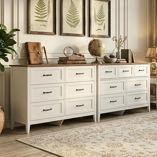 Gizoon Dresser for Bedroom Set of 2, Include 6 Drawer Dresser & 7 Chest of Drawers, White Finish with Rustic Wood Top, with Metal Pull Handles, Anti-Tip Design, Modern Bedroom Furniture Set