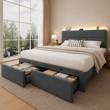 Queen Bed Frame with 2 Storage Drawers, Grey Velvet Upholstered | Platform Bed with Charging Ledge, LED Headboard Lighting, Metal Support, Noise Free, No Box Spring Needed, Easy Assembly