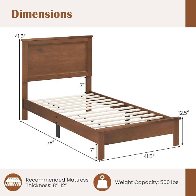 GOFLAME Twin Size Wood Bed Frame, Mid-Century Modern Platform Bed with Headboard, Solid Wood Legs, Mattress Foundation with 12 Wooden Slats, No Box Spring Needed, Walnut