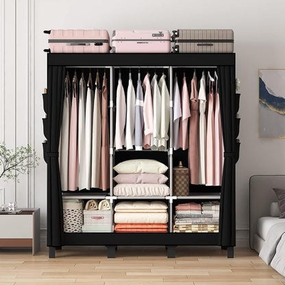 Portable Closet, 51.18" Large Capacity Clothing Storage Organizer with 3 Hanging Rods 6 Shelves 18 Side Pockets, Dustproof Sturdy Wardrobe for Bedroom Dorm Rental Apartment(Black, Large)