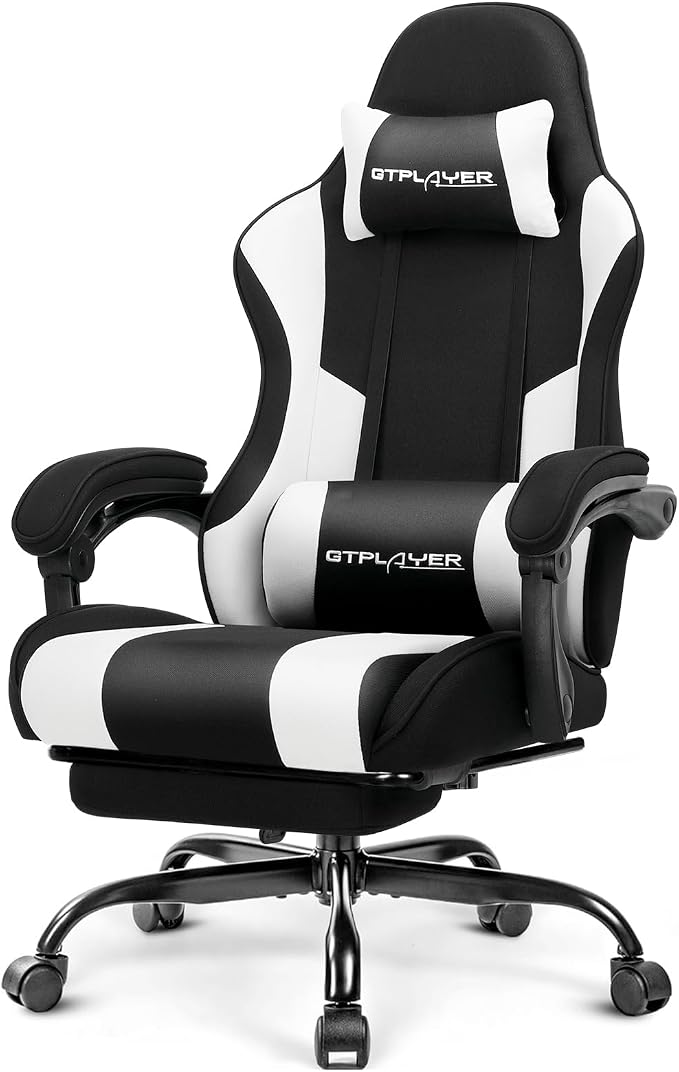 GTPLAYER Gaming Chair, Computer Chair with Footrest and Lumbar Support, Height Adjustable Game Chair with 360°-Swivel Seat and Headrest and for Office or Gaming (Fabric, Black White)