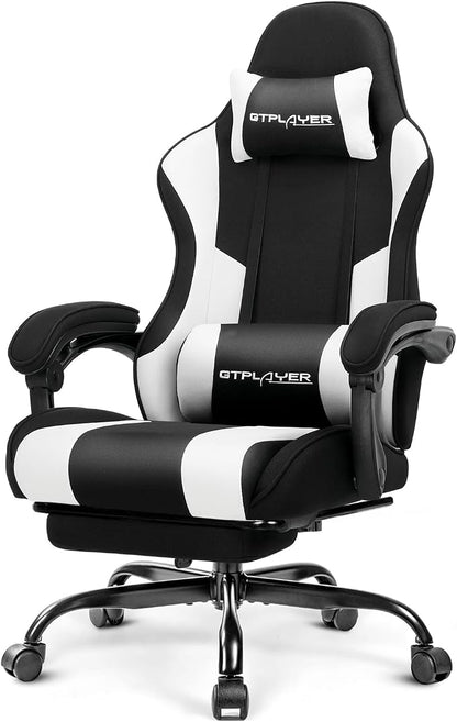 GTPLAYER Gaming Chair, Computer Chair with Footrest and Lumbar Support, Height Adjustable Game Chair with 360°-Swivel Seat and Headrest and for Office or Gaming (Fabric, Black White)