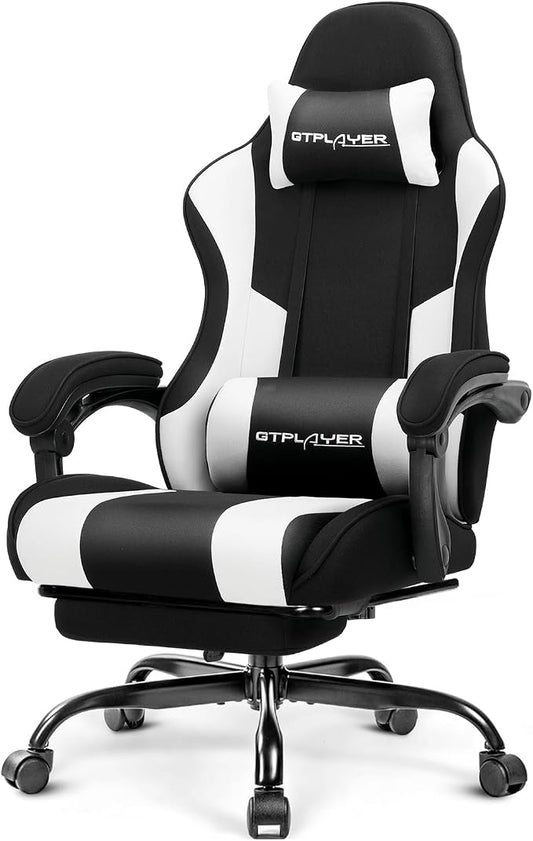 GTPLAYER Gaming Chair, Computer Chair with Footrest and Lumbar Support, Height Adjustable Game Chair with 360°-Swivel Seat and Headrest and for Office or Gaming (Fabric, Black White)