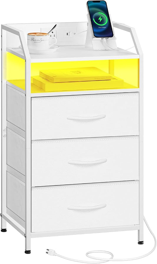 HOOBRO White Nightstand with Charging Station, End Table with 1 AC Outlet, 1 USB Port, and 1 Type-C Port, Bedside Table with LED Light Strip and 3 Non-Woven Drawers, for Bedroom, White WT013UDBZ01