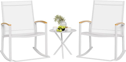 Shintenchi 3 Piece Outdoor Rocking Bistro Set, Textilene Fabric Small Patio Furniture Set, Front Porch Rocker Chairs Conversation Set with Table for Lawn, Garden, Balcony, Poolside (White)