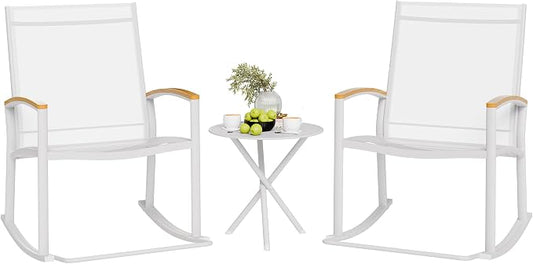 Shintenchi 3 Piece Outdoor Rocking Bistro Set, Textilene Fabric Small Patio Furniture Set, Front Porch Rocker Chairs Conversation Set with Table for Lawn, Garden, Balcony, Poolside (White)