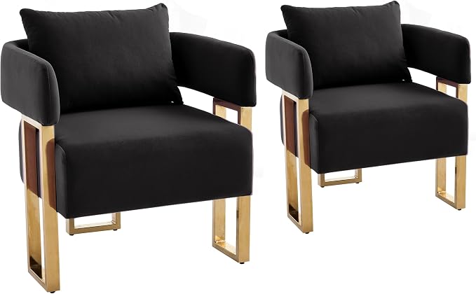 YISHENG Modern Barrel Accent Chairs Set of 2, Living Room Side Chairs with Golden Metal Legs Velvet Upholstered Reading Armchairs no Wheels for Vanity/Reception Room//Bedroom/Lounge/Office, Black