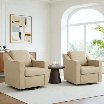 Swivel Accent Chairs Set of 2, 360° Swivel Upholstered Faux Leather Club Armchairs for Living Room, Comfy Single Sofa Reading Chair with Deep Seat, Metal Swivel Base, Cream