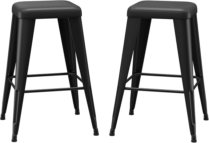 Bar Stools Set of 2, 24" Counter Height Bar Stools Backless, Upholstered Bar Stools with Metal Legs for Kitchen Island, Study Room, Cafe, Black