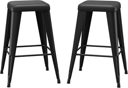 Bar Stools Set of 2, 24" Counter Height Bar Stools Backless, Upholstered Bar Stools with Metal Legs for Kitchen Island, Study Room, Cafe, Black