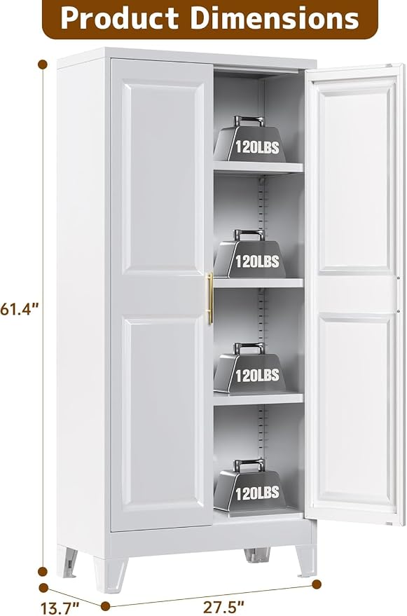 61.4" White Metal Pantry Storage Cabinet, Farmhouse Kitchen Cupboard with 3 Adjustable Shelves, Magnetic Closure, Anti-Tip Kit & Moisture-Proof Legs for Kitchen, Living Room, Assembly Required
