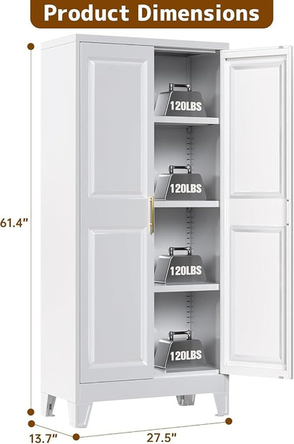 61.4" White Metal Pantry Storage Cabinet, Farmhouse Kitchen Cupboard with 3 Adjustable Shelves, Magnetic Closure, Anti-Tip Kit & Moisture-Proof Legs for Kitchen, Living Room, Assembly Required