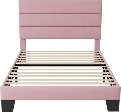 Allewie Twin Size Platform Bed Frame with Velvet Upholstered Headboard and Wooden Slats Support, Fully Upholstered Mattress Foundation/No Box Spring Needed/Easy Assembly, Pink
