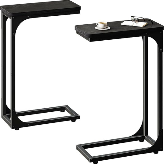 QEEIG Narrow C Shaped Side Table Set of 2 Living Room Sets Slim Couch Tray Tables Skinny Thin Small Modern 7 inch Width, Black (017-18B)