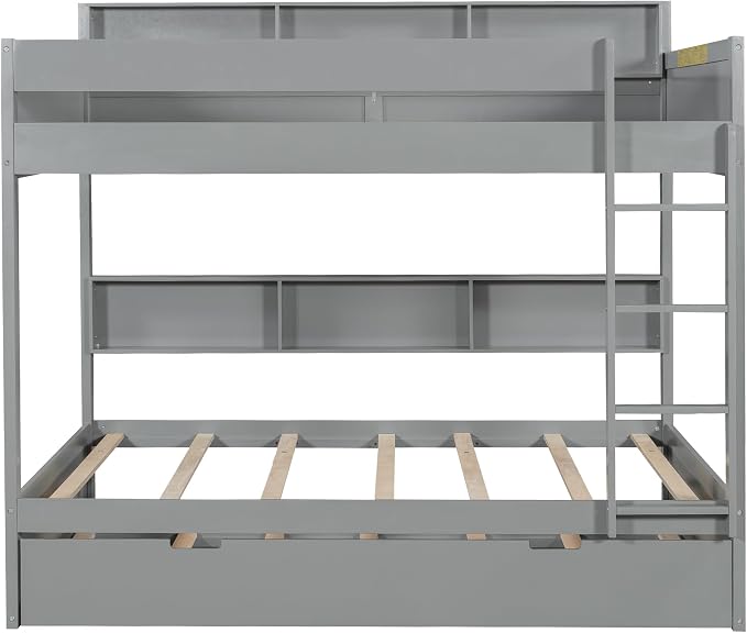 Harper & Bright Designs Rustic Wood Bunk Bed with Pull-Out Trundle, Twin Over Twin Wooden Bunk Bed with Large Cabinet Beside Upper and Down Bed, Gray