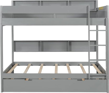 Harper & Bright Designs Rustic Wood Bunk Bed with Pull-Out Trundle, Twin Over Twin Wooden Bunk Bed with Large Cabinet Beside Upper and Down Bed, Gray