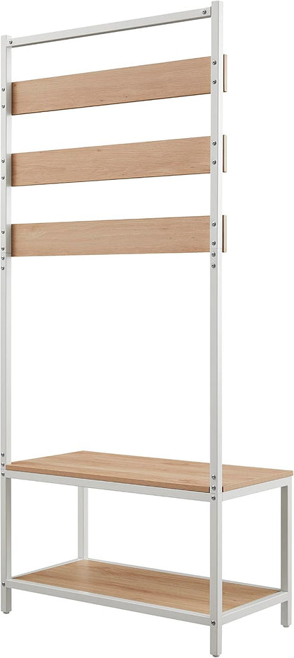 Linon Shaymus White Metal Hall Tree with Natural Wooden Topped Bench and Shelf with Multiple Hanging Hooks