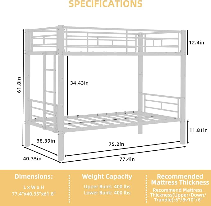 Bunk Bed Twin Over Twin, Metal Bunk Bed with Side Ladder and Safety Guardrail, Space-Saving Twin Bunk Beds for Kids, Teens & Adults, No Box Spring (Side Laddder, White)