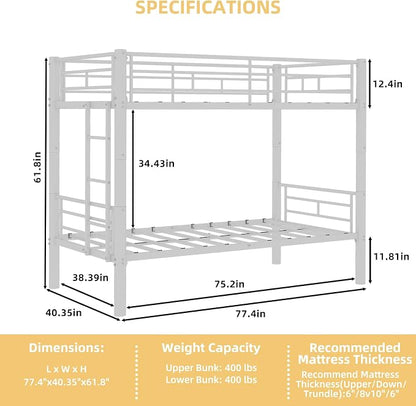 Bunk Bed Twin Over Twin, Metal Bunk Bed with Side Ladder and Safety Guardrail, Space-Saving Twin Bunk Beds for Kids, Teens & Adults, No Box Spring (Side Laddder, White)