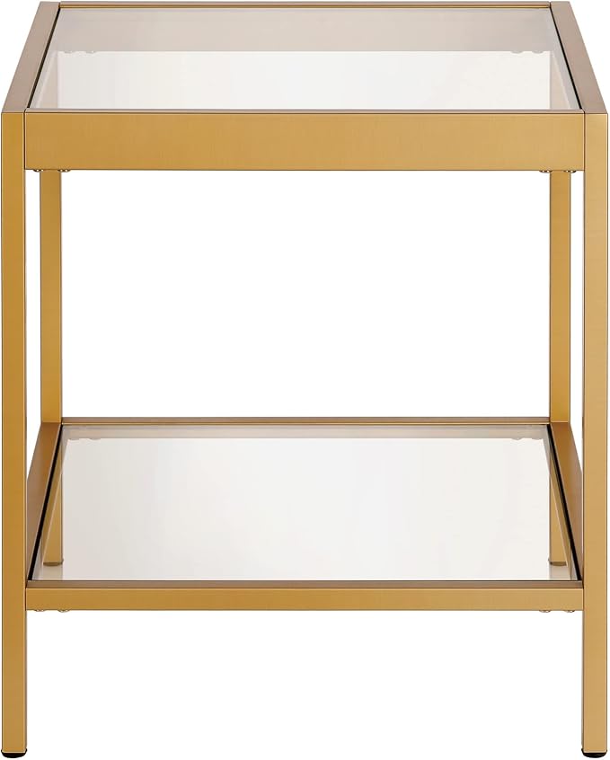 Henn&Hart 20" Wide Square Square Side Table in Brass, Table for Living Room, Bedroom | Two-tiered glass shelves with a metal frame, offering open display space for living rooms, offices, or bedrooms