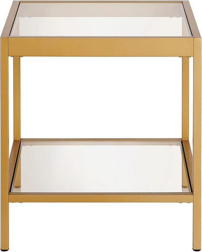 Henn&Hart 20" Wide Square Square Side Table in Brass, Table for Living Room, Bedroom | Two-tiered glass shelves with a metal frame, offering open display space for living rooms, offices, or bedrooms