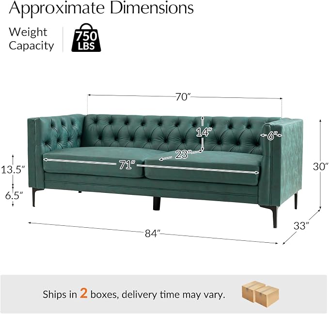 HULALA HOME 84" W Faux Leather Sofa Couch with Metal Legs, Button-Tufted 3-Seater Sofa, Mid Century Modern Contemporary Upholstered Couch for Living Room, Entertainment Area, Apartment,Green
