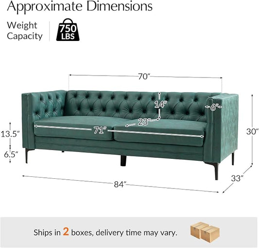 HULALA HOME 84" W Faux Leather Sofa Couch with Metal Legs, Button-Tufted 3-Seater Sofa, Mid Century Modern Contemporary Upholstered Couch for Living Room, Entertainment Area, Apartment,Green