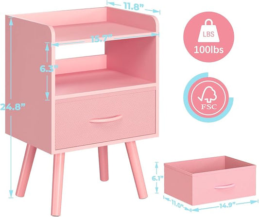 Yoobure Night Stand with Fabric Drawer, Modern Nightstand, Bedside Tables, Mid Century Nightstands with Open Storage Shelf, Wood Bedside Table, Small Night Stands for Bedrooms, 2-Tier Night Table